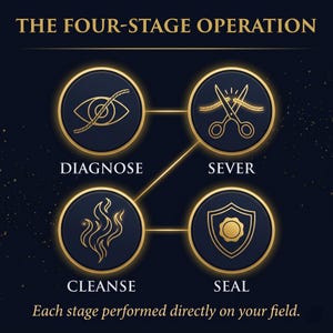 May include: A graphic with the text "THE FOUR-STAGE OPERATION" and four circular icons. The icons represent stages: Diagnose, Sever, Cleanse, and Seal. Each icon is gold on a dark blue background, with connecting lines. The text "Each stage performed directly on your field" is at the bottom.