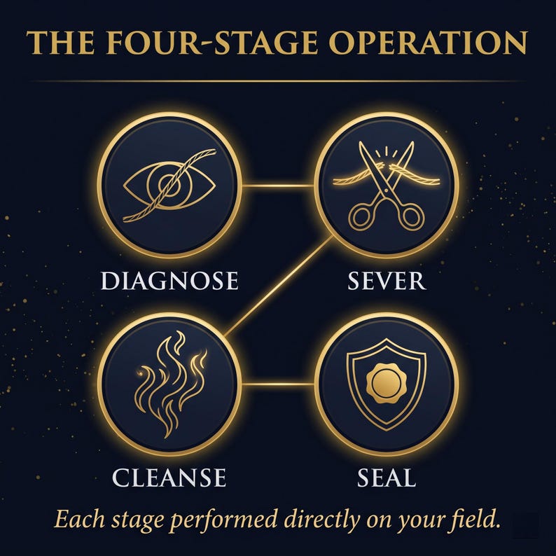 May include: A graphic with the text "THE FOUR-STAGE OPERATION" and four circular icons. The icons represent stages: Diagnose, Sever, Cleanse, and Seal. Each icon is gold on a dark blue background, with connecting lines. The text "Each stage performed directly on your field" is at the bottom.