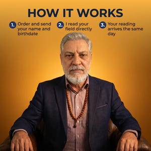 Puede incluir: Una persona madura con cabello gris y barba viste un blazer azul marino sobre una camisa a rayas y un collar de cuentas de madera. El texto dice: HOW IT WORKS, 1. Order and send your name and birthdate, 2. I read your field directly, 3. Your reading arrives the same day.