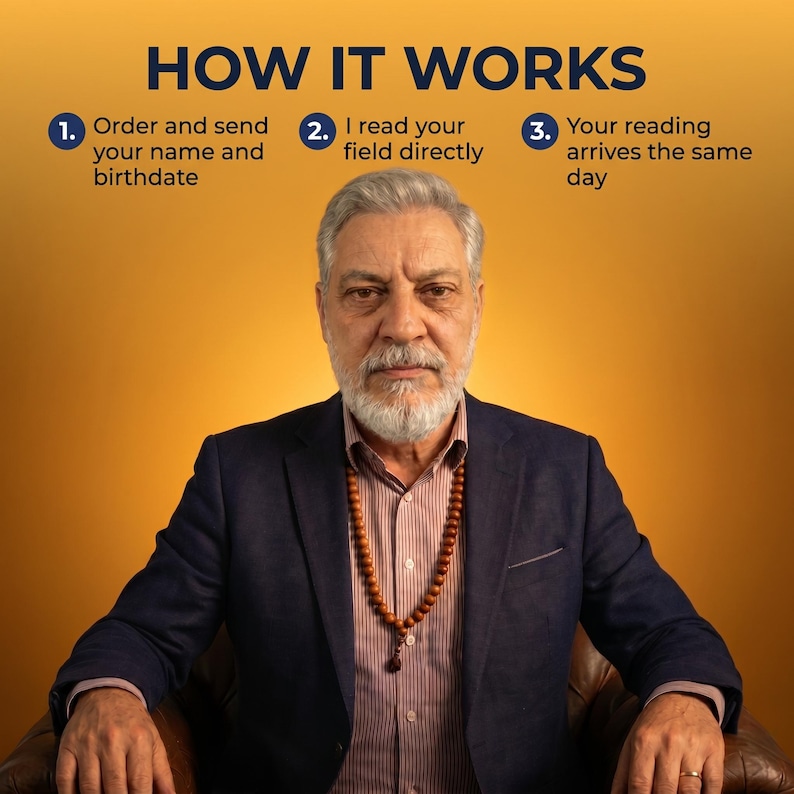 Puede incluir: Una persona madura con cabello gris y barba viste un blazer azul marino sobre una camisa a rayas y un collar de cuentas de madera. El texto dice: HOW IT WORKS, 1. Order and send your name and birthdate, 2. I read your field directly, 3. Your reading arrives the same day.