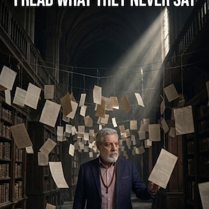 Puede incluir: Una persona de cabello gris y barba viste un blazer azul marino y una camisa clara con un collar de cuentas. Se encuentra en una biblioteca con muchas hojas de papel suspendidas de hilos. El texto I READ WHAT THEY NEVER SAY es visible.
