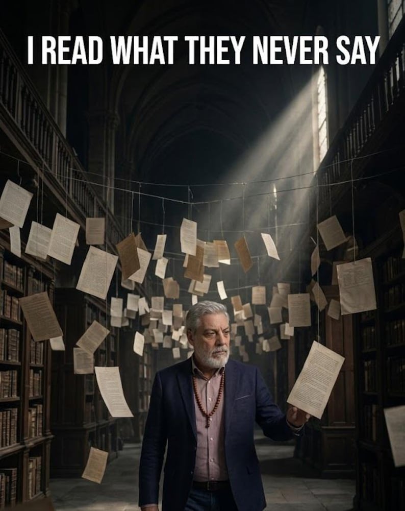 Puede incluir: Una persona de cabello gris y barba viste un blazer azul marino y una camisa clara con un collar de cuentas. Se encuentra en una biblioteca con muchas hojas de papel suspendidas de hilos. El texto I READ WHAT THEY NEVER SAY es visible.