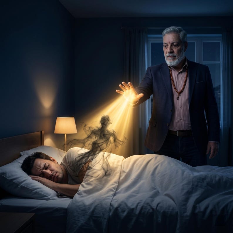 Puede incluir: Un hombre duerme en un dormitorio oscuro. Una figura con traje est&aacute; sobre la cama, con la mano extendida, emitiendo un rayo de luz. Una figura sombr&iacute;a se eleva del hombre dormido, sugiriendo un tema espiritual.