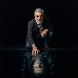 Puede incluir: Una persona madura con cabello gris y barba, vistiendo un blazer y camisa oscuros, se agacha mientras toca una superficie oscura y reflectante. La mano crea ondas y un reflejo claro del rostro aparece en el agua oscura.
