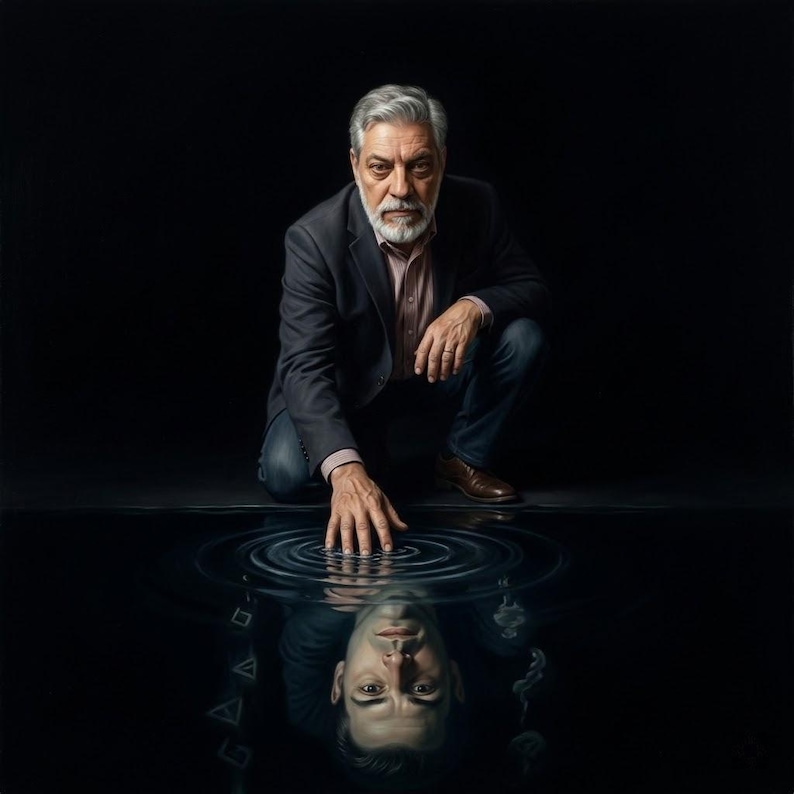 Puede incluir: Una persona madura con cabello gris y barba, vistiendo un blazer y camisa oscuros, se agacha mientras toca una superficie oscura y reflectante. La mano crea ondas y un reflejo claro del rostro aparece en el agua oscura.