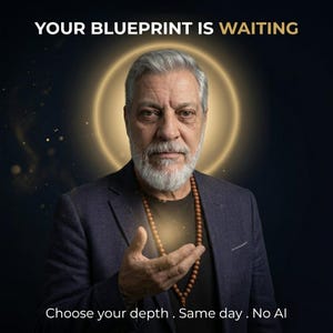 Puede incluir: Una persona madura con cabello gris y barba viste un blazer oscuro sobre una camiseta negra y un collar de cuentas. Un efecto de halo dorado brillante rodea la cabeza. El texto dice: YOUR BLUEPRINT IS WAITING y Choose your depth . Same day . No AI