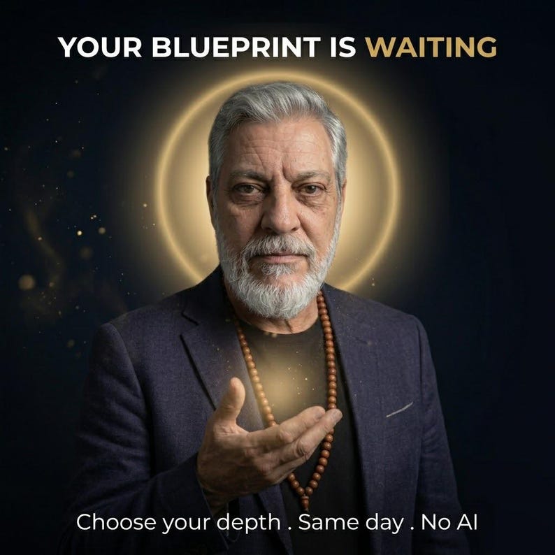 Puede incluir: Una persona madura con cabello gris y barba viste un blazer oscuro sobre una camiseta negra y un collar de cuentas. Un efecto de halo dorado brillante rodea la cabeza. El texto dice: YOUR BLUEPRINT IS WAITING y Choose your depth . Same day . No AI