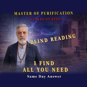 May include: Image features a man with a beard wearing a jacket and a beaded necklace. Text overlay reads "MASTER OF PURIFICATION," "6 YEARS ON ETSY," "BLIND READING," "I FIND ALL YOU NEED," and "Same Day Answer" in gold lettering against a dark blue background.