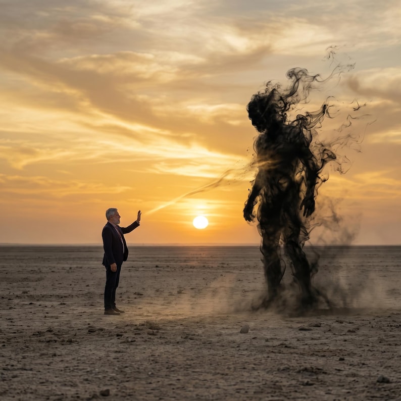 Puede incluir: Un hombre con traje est&aacute; en un paisaje des&eacute;rtico, frente a una figura oscura y humeante. El hombre extiende su mano hacia la figura, con un haz de luz que emana de su palma. El fondo presenta una puesta de sol.