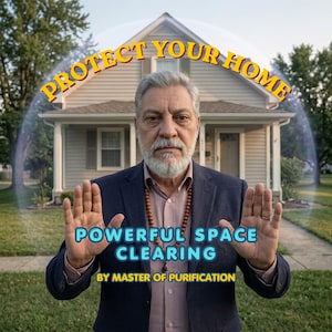 Pode incluir: Imagem de um homem de blazer azul em frente a uma casa. O texto "PROTECT YOUR HOME" está acima dele. Abaixo, lê-se "POWERFUL SPACE CLEARING BY MASTER OF PURIFICATION".