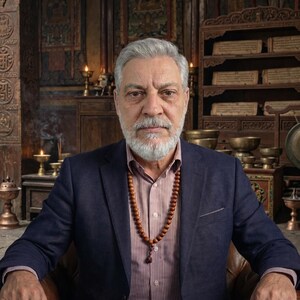 May include: A man in a navy blue blazer and a striped shirt, wearing a wooden bead necklace. He is seated in a leather chair, with a backdrop of ornate wooden shelves and religious artifacts. The setting suggests a spiritual or cultural theme.