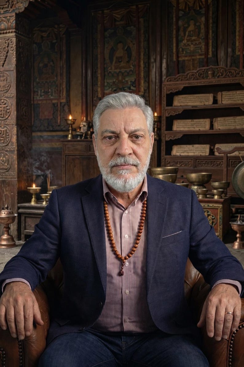 May include: A man in a navy blue blazer and a striped shirt, wearing a wooden bead necklace. He is seated in a leather chair, with a backdrop of ornate wooden shelves and religious artifacts. The setting suggests a spiritual or cultural theme.