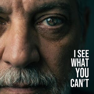 Puede incluir: Un retrato en primer plano de una persona mayor con vello facial canoso y ojos azul verdosos. El texto I SEE WHAT YOU CAN'T est&aacute; impreso en letras may&uacute;sculas blancas en el lado derecho de la imagen, sobre un fondo oscuro y sombr&iacute;o.