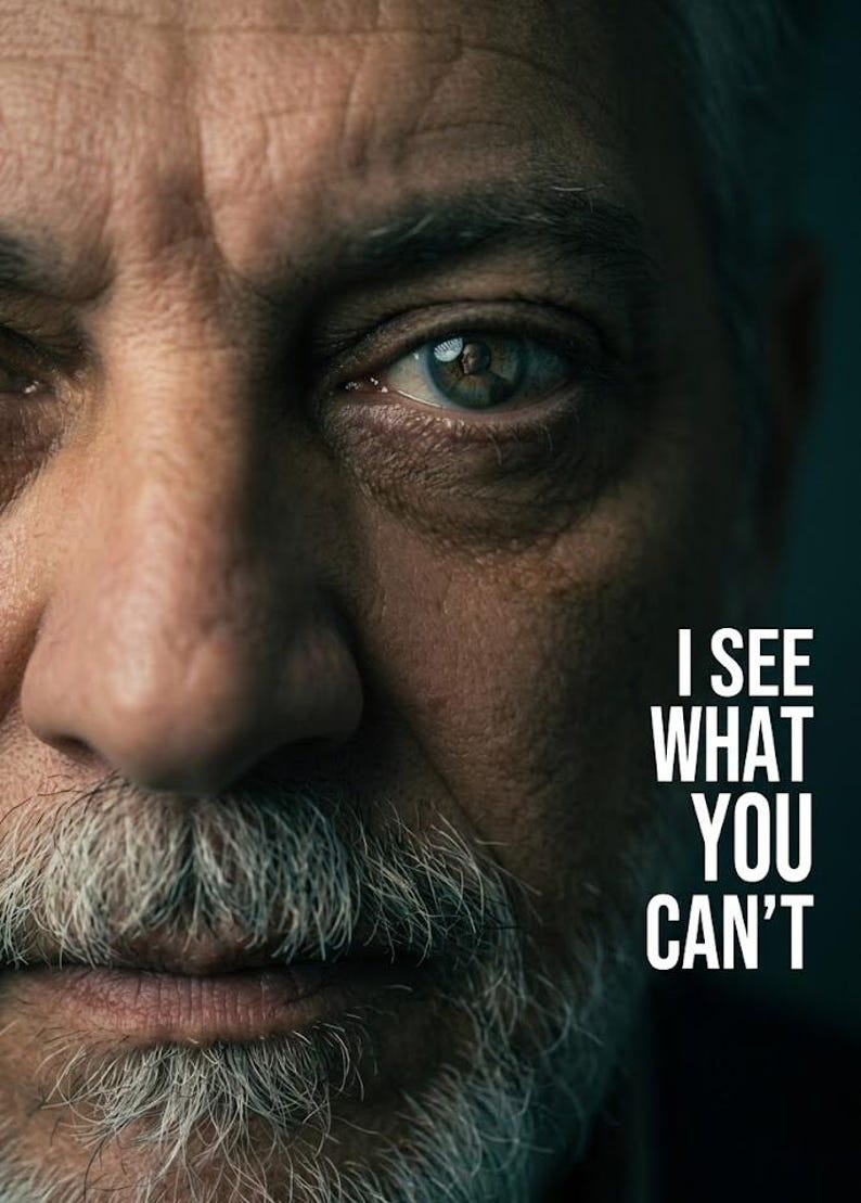 Puede incluir: Un retrato en primer plano de una persona mayor con vello facial canoso y ojos azul verdosos. El texto I SEE WHAT YOU CAN'T est&aacute; impreso en letras may&uacute;sculas blancas en el lado derecho de la imagen, sobre un fondo oscuro y sombr&iacute;o.