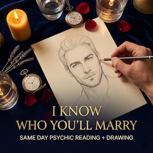 May include: A pencil sketch of a man's face on paper, with the text "I KNOW WHO YOU'LL MARRY" below. The image includes candles, a pocket watch, rose petals, and a sprig of lavender on a dark blue velvet surface.
