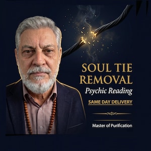 Puede incluir: Imagen de un hombre con cabello gris y barba, vistiendo un traje y un collar de cuentas. El texto en la imagen dice "SOUL TIE REMOVAL Psychic Reading SAME DAY DELIVERY Master of Purification."