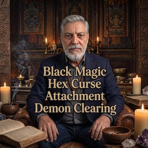 Puede incluir: Una persona madura con cabello y barba gris, vistiendo un blazer azul oscuro y camisa gris, sentada en una habitación con velas, libros y cristales. El texto "Black Magic Hex Curse Attachment Demon Clearing" está centrado sobre la imagen.