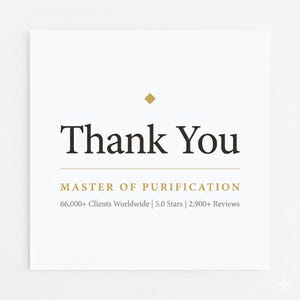 May include: A white card with the words "Thank You" in a bold, black serif font. Below, the text reads "MASTER OF PURIFICATION" and further details about the business. A small gold diamond is at the top.