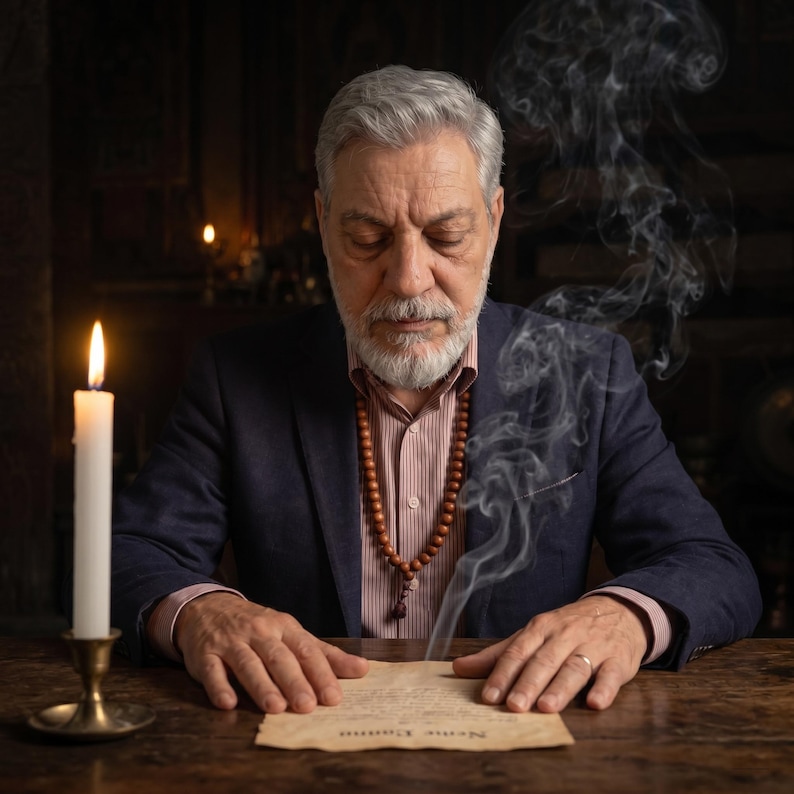 Puede incluir: Una persona mayor con barba y pelo grises, con una blazer azul y un collar de cuentas, est&aacute; sentada en una mesa de madera. Una vela encendida en un candelabro de lat&oacute;n y humo son visibles. Hay un trozo de papel con texto en la mesa.
