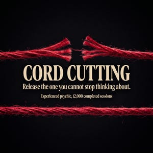 Può includere: Una corda rossa è tagliata al centro su uno sfondo nero. Il testo recita: CORD CUTTING, Release the one you cannot stop thinking about., Experienced psychic, 12,000 completed sessions. Una seconda corda rossa solida si trova sotto.