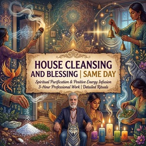 May include: A digital illustration featuring the text HOUSE CLEANSING AND BLESSING | SAME DAY, Spiritual Purification & Positive Energy Infusion, 3-Hour Professional Work | Detailed Rituals, with figures performing rituals, candles, and a wolf.