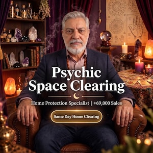 May include: A person with gray hair and a beard wearing a dark blazer and a striped shirt, sitting in a leather chair. Text reads: Psychic Space Clearing, Home Protection Specialist, +69,000 Sales, and Same Day Home Clearing.
