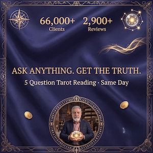 May include: A dark blue graphic featuring the text ASK ANYTHING. GET THE TRUTH. 5 Question Tarot Reading · Same Day. It displays 66,000+ Clients and 2,900+ Reviews. A circular frame shows a person holding a glowing orb in a room with shelves.