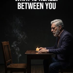 Puede incluir: Una persona madura con cabello gris y barba est&aacute; sentada en una mesa de madera con una vela encendida. Al lado hay una silla de madera vac&iacute;a con volutas de humo elev&aacute;ndose del asiento. El texto WHAT IS REALLY BETWEEN YOU aparece arriba.