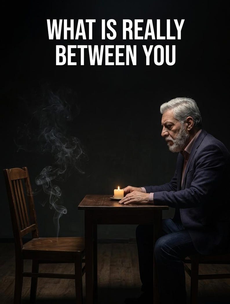 Puede incluir: Una persona madura con cabello gris y barba est&aacute; sentada en una mesa de madera con una vela encendida. Al lado hay una silla de madera vac&iacute;a con volutas de humo elev&aacute;ndose del asiento. El texto WHAT IS REALLY BETWEEN YOU aparece arriba.