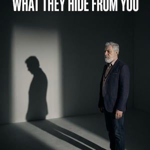 Puede incluir: Una persona madura con cabello gris y barba, vistiendo un blazer azul oscuro, una camisa abotonada y pantalones oscuros. El texto WHAT THEY HIDE FROM YOU aparece en la parte superior. Una sombra clara se proyecta en la pared detr&aacute;s.