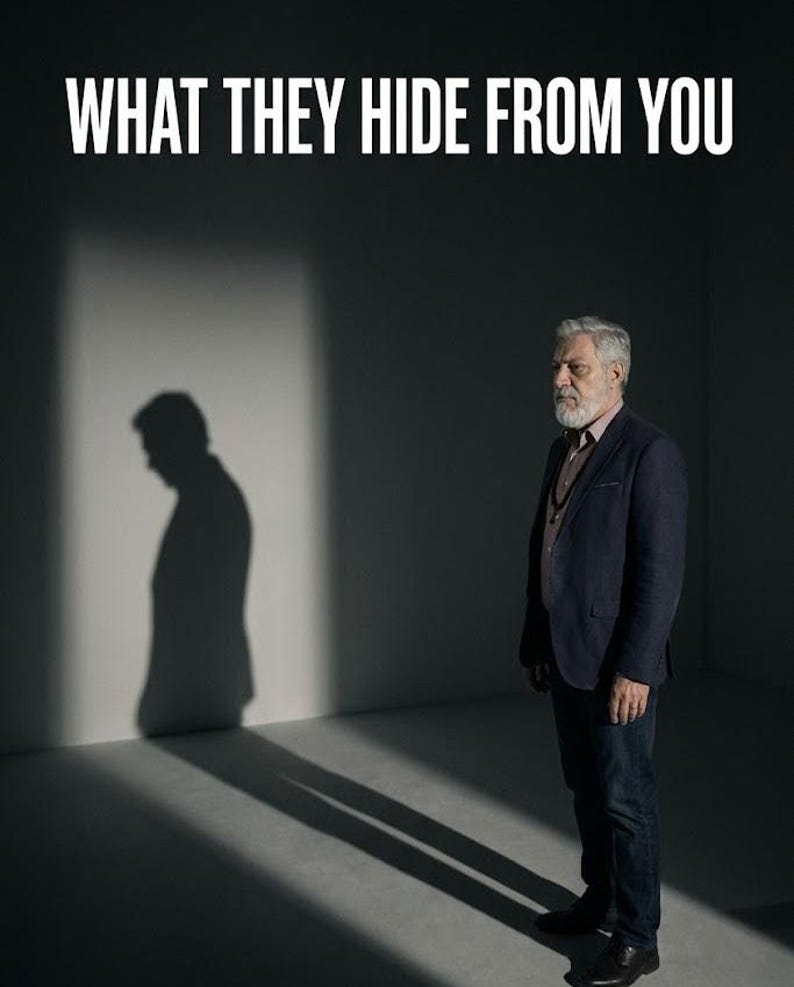 Puede incluir: Una persona madura con cabello gris y barba, vistiendo un blazer azul oscuro, una camisa abotonada y pantalones oscuros. El texto WHAT THEY HIDE FROM YOU aparece en la parte superior. Una sombra clara se proyecta en la pared detr&aacute;s.