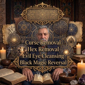 Puede incluir: Una persona con traje oscuro sentada tras un libro abierto, rodeada de velas, cristales y símbolos ocultos. El texto dice: Curse Removal, Hex Removal, Evil Eye Cleansing, Black Magic Reversal. La escena incluye marcos dorados ornamentados.