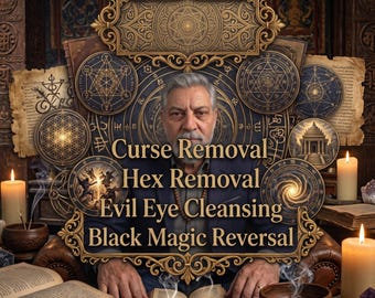 Puede incluir: Una persona con traje oscuro sentada tras un libro abierto, rodeada de velas, cristales y símbolos ocultos. El texto dice: Curse Removal, Hex Removal, Evil Eye Cleansing, Black Magic Reversal. La escena incluye marcos dorados ornamentados.