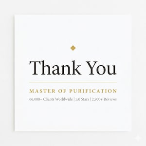 May include: A white card with the words "Thank You" in a bold, black serif font. Below, the text reads "MASTER OF PURIFICATION" and further details about the business. A small gold diamond is at the top.
