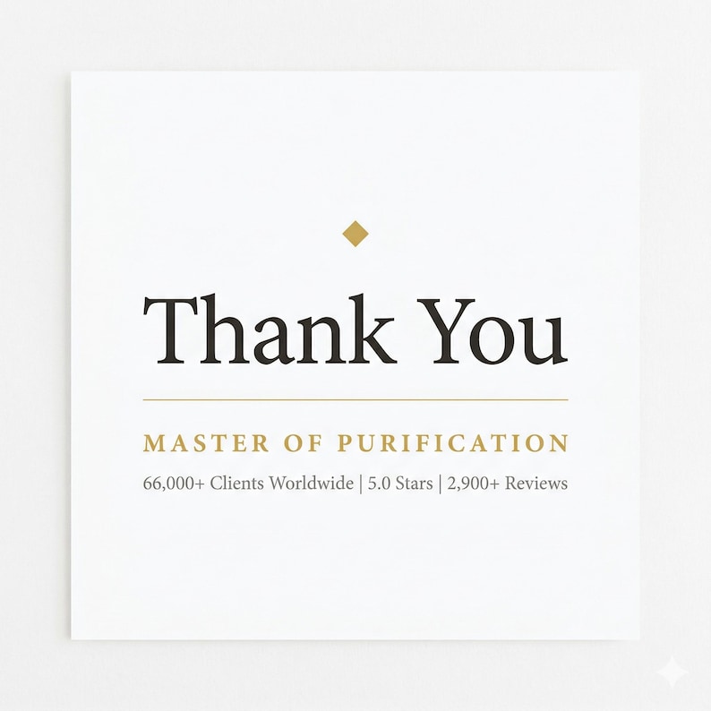 May include: A white card with the words "Thank You" in a bold, black serif font. Below, the text reads "MASTER OF PURIFICATION" and further details about the business. A small gold diamond is at the top.