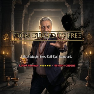 Op de afbeelding: Een afbeelding met de tekst "FROM CURSED TO FREE". Een man in een pak reikt zijn hand uit. De tekst "Black Magic. Hex. Evil Eye. Removed." staat eronder. De afbeelding bevat ook de tekst "3,000+ Reviews ★★★★★ 66,000+ ORDERS".