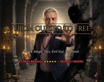 May include: An image with the text "FROM CURSED TO FREE". A man in a suit is reaching out with his hand. The text "Black Magic. Hex. Evil Eye. Removed." is below the main text. The image also includes the text "3,000+ Reviews ★★★★★ 66,000+ ORDERS".