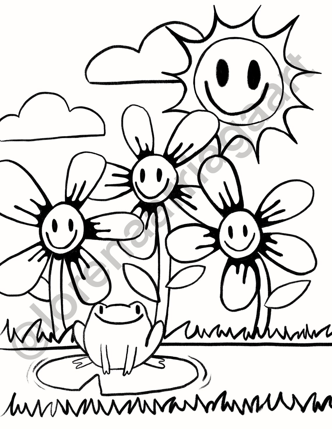 Flowers With Frog Coloring Page Printable Download - Etsy