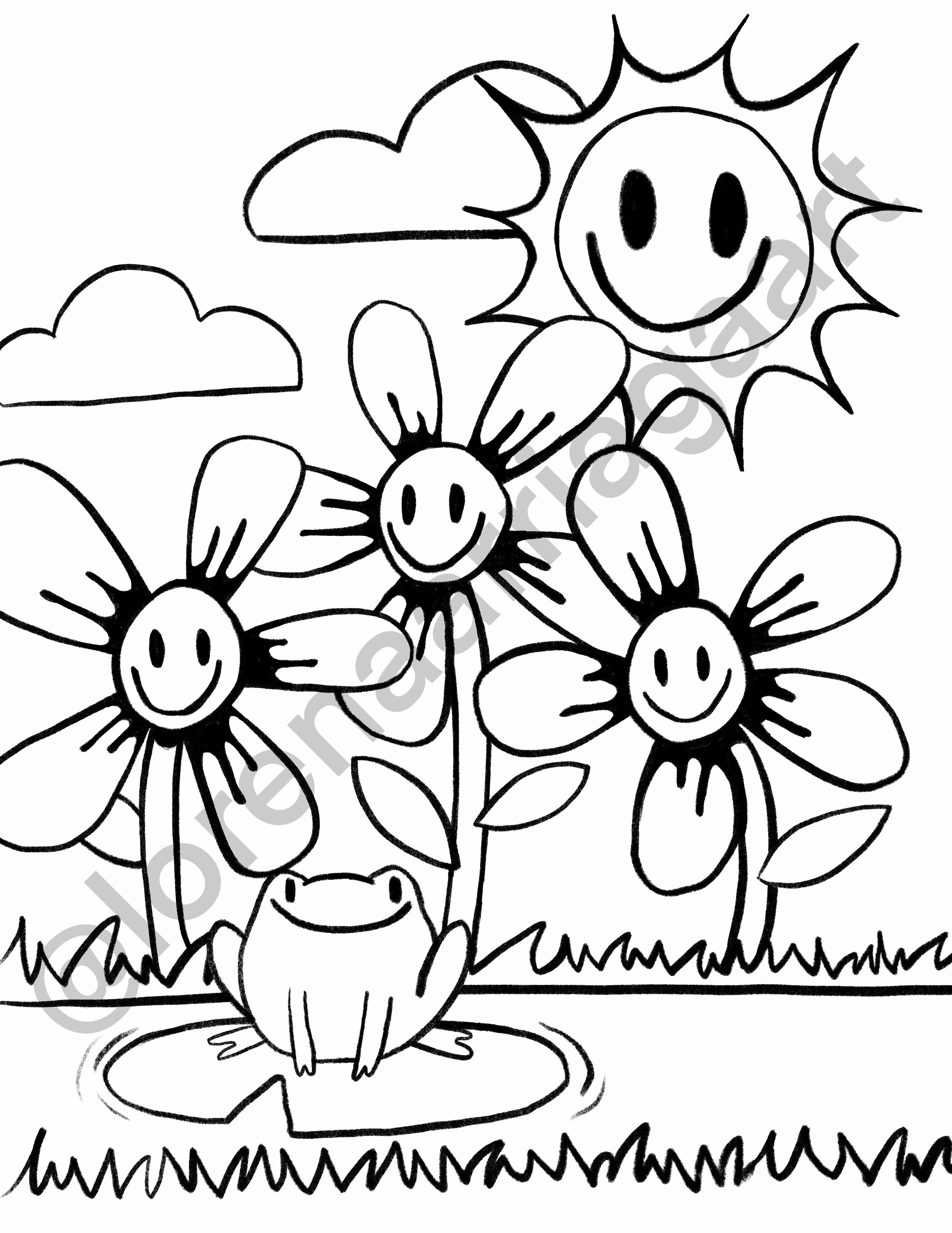 Flowers With Frog Coloring Page Printable Download Etsy
