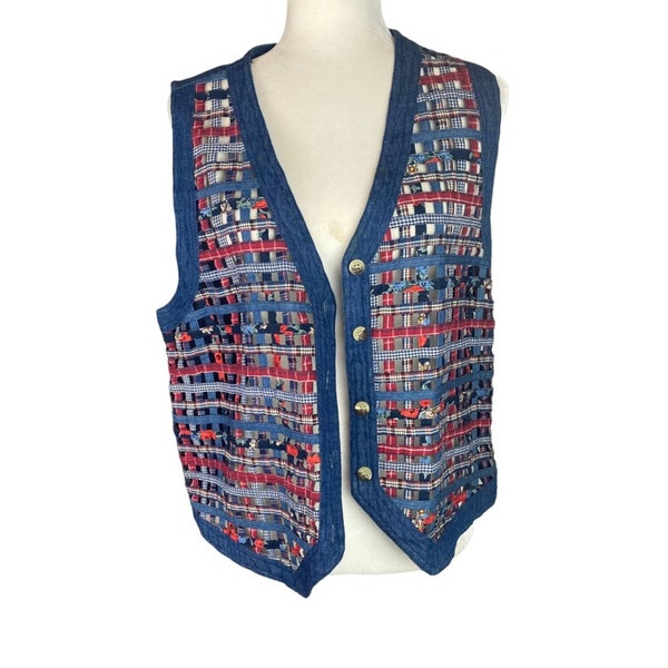 Vintage Casey & Max denim vest with lattice weave front tie back size large