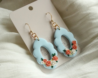 Blue & You floral earring, polymer clay earrings, flower bouquet, clay flower earring, light blue jewelry, handmade flower bouquet earrings