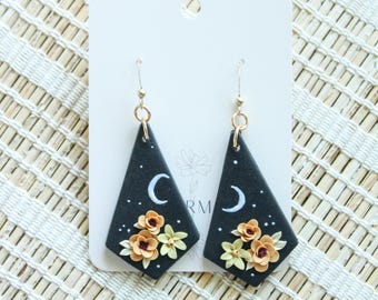 Autumn Moon and Stars Celestial earrings, floral earrings, yellow and orange floral earring, Llyr, witchy halloween earrings, crescent moon