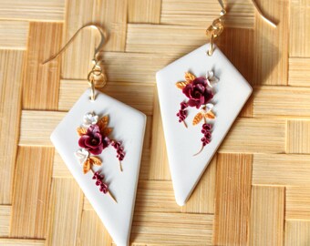 Adorn Autumn earrings, floral earrings, maroon and gold floral earring, Llyr, clay flower earrings, handmade flower bouquet jewelry