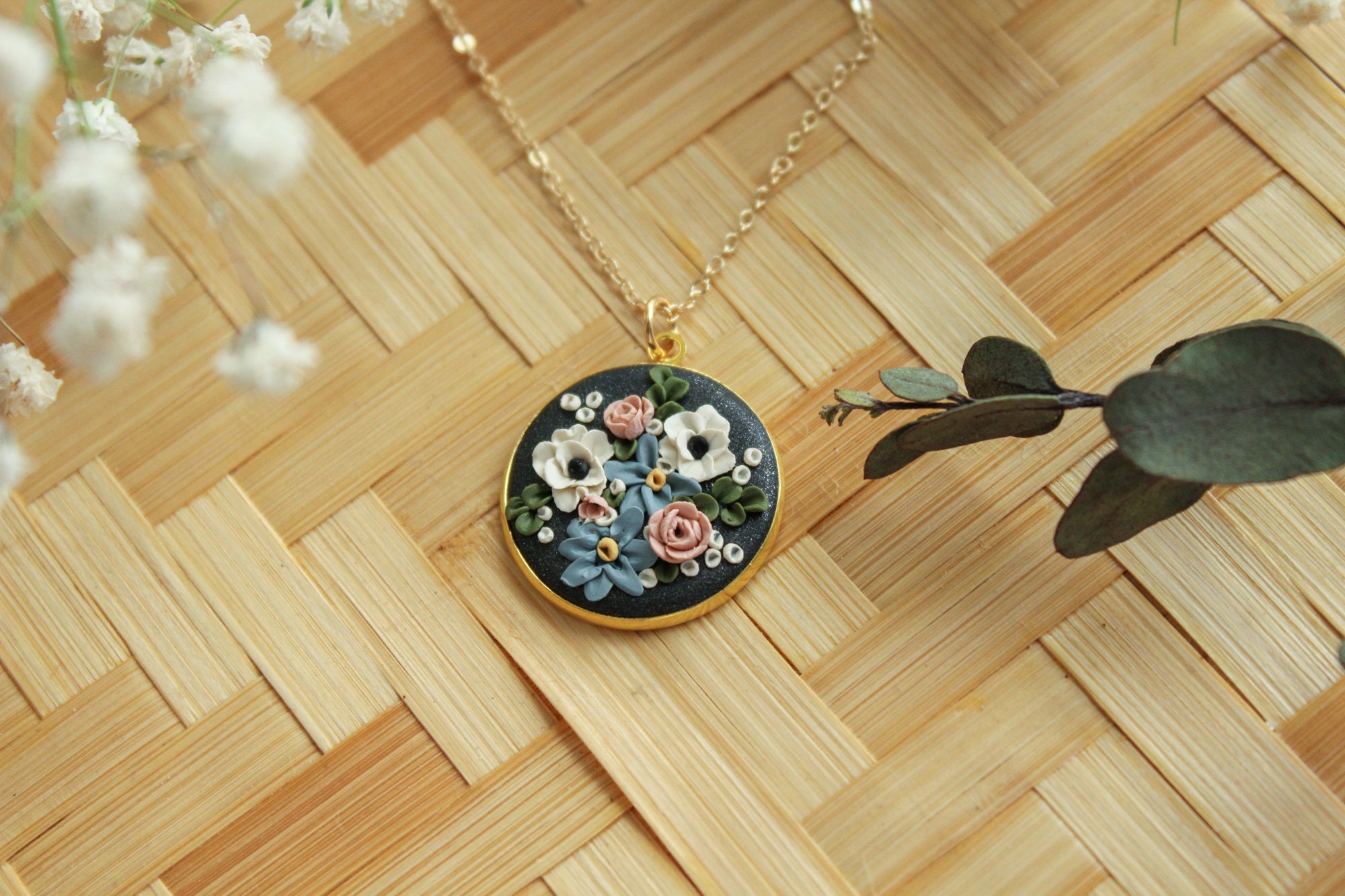 Polymer Clay Floral Necklace, Wild Flower Bouquet Necklace, 14k Gold
