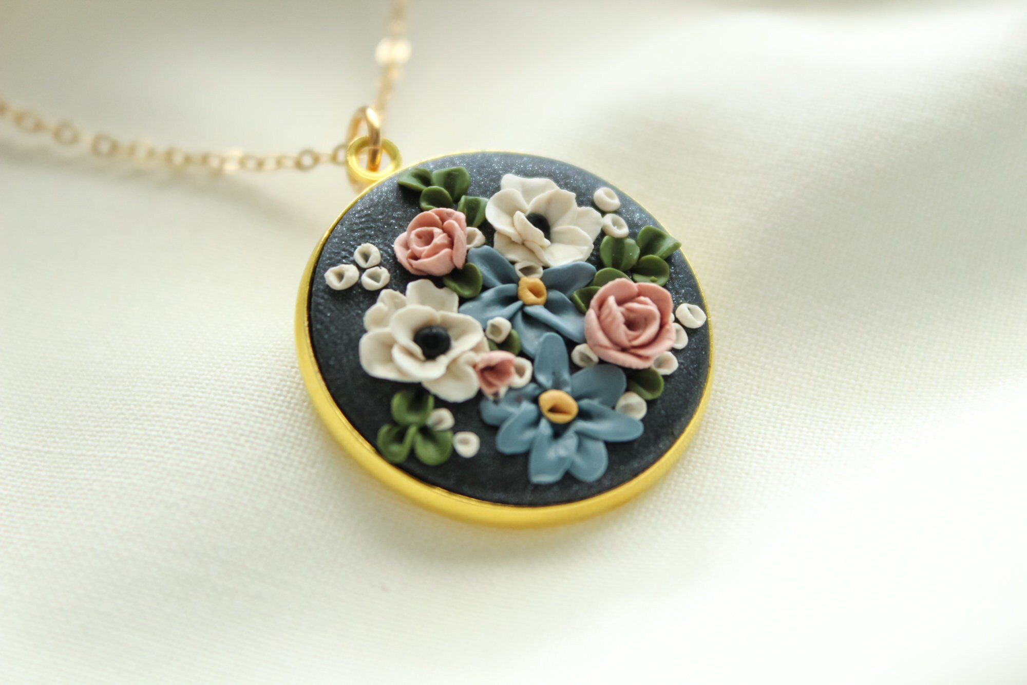 Polymer Clay Floral Necklace, Wild Flower Bouquet Necklace, 14k Gold
