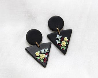 Lillian earrings, floral earrings, black and pastel floral earring, Sedna, clay flower earrings, handmade flower bouquet jewelry