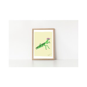 Praying Mantis Print, Colorful Mantis Drawing, Kid Room Decor, Minimalist Art, Nature Nursery Print, Cowboy Hat Bug, Vibrant Wall Decor, Fun