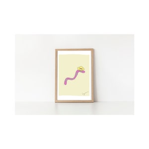 Worm Print, Colorful Worm Drawing, Kid Room Decor, Minimalist Art, Nature Nursery Print, Worm and Flower, Vibrant Wall Decor, Whimsical Art