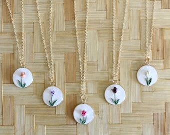 Polymer Clay Floral Necklace, Wild Flower Bouquet Necklace, 14k Gold Filled, Boho Flower Jewelry, Smaller Pendant, Tulip Necklaces, Spring