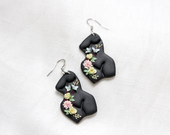 Lillian earrings, floral earrings, black and pastel floral earring, Jane Body, clay flower earrings, handmade flower bouquet jewelry, bodies